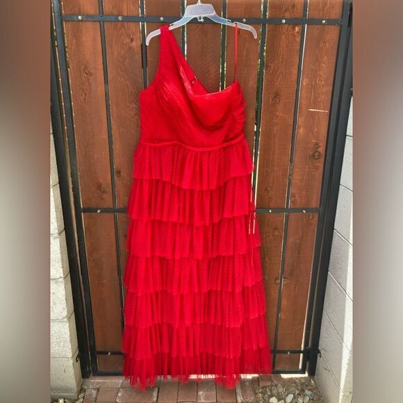 Mac Duggal One Shoulder Layered Tiered Tulle Gown Maxi Red NWT Size 16 - Picture 2 of 10